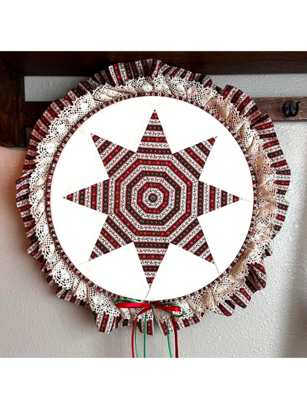 Handmade Christmas Star Quilted Wall Hanging With Lace & Ribbon Trim 20 inch Dia
